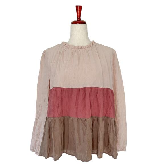 &Merci Blouse Size Large Tricolor Ruffled Blouse Southern Preppy Boho Colorblock - Picture 1 of 11